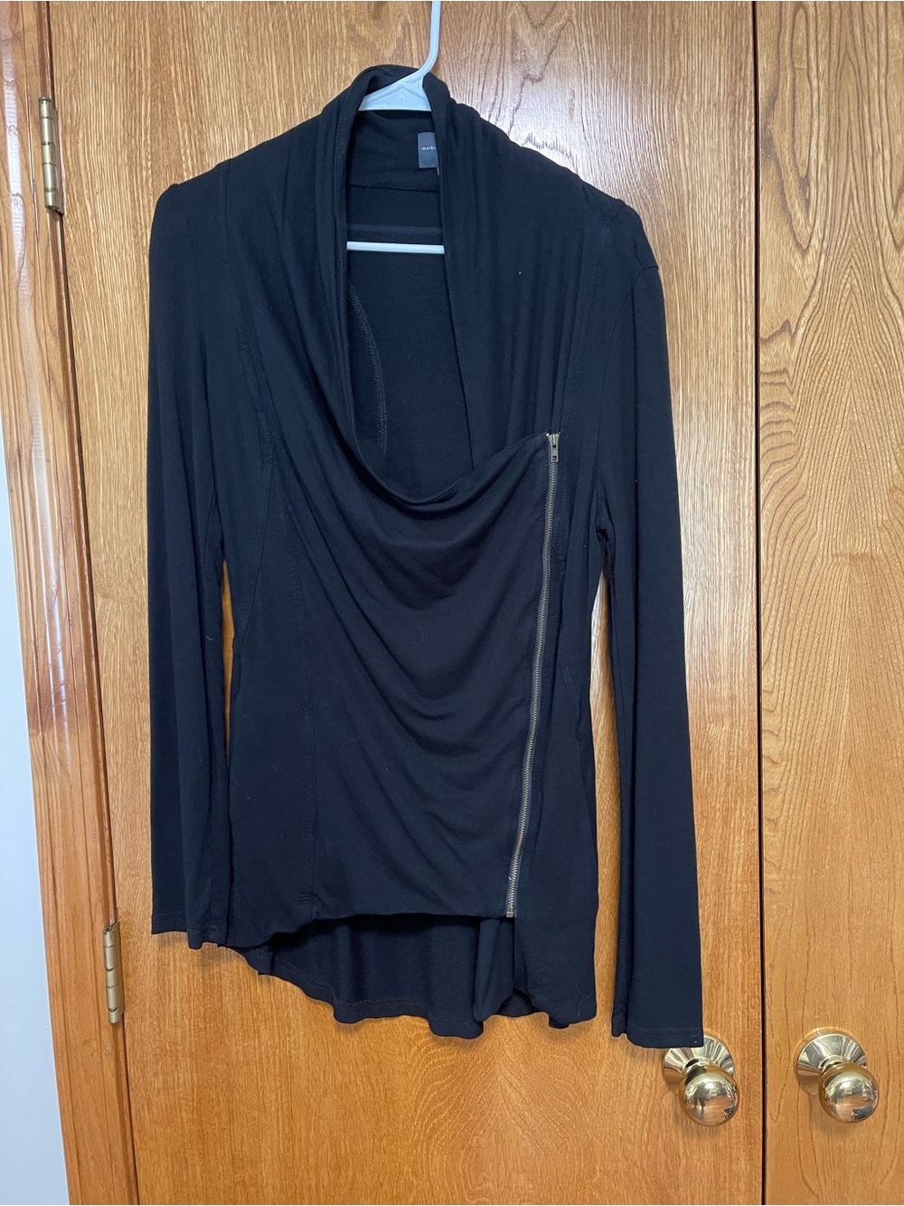 Market & Spruce Black Draped Zip-Front Hoodie Top
